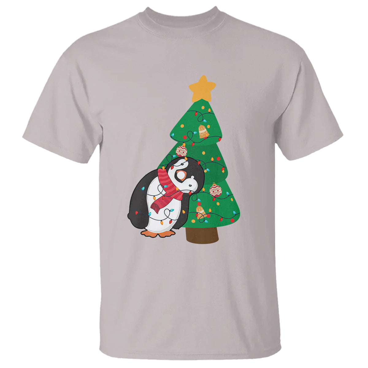 Funny Penguin With Christmas Tree Tangled Xmas Light T Shirt - Wonder Print Shop