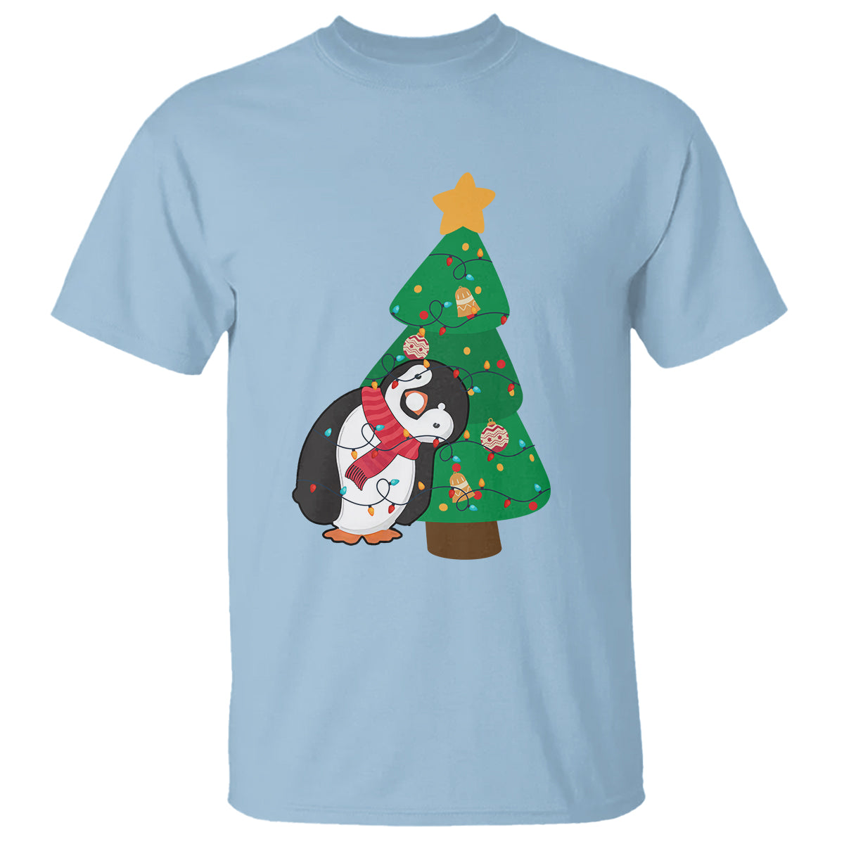 Funny Penguin With Christmas Tree Tangled Xmas Light T Shirt - Wonder Print Shop