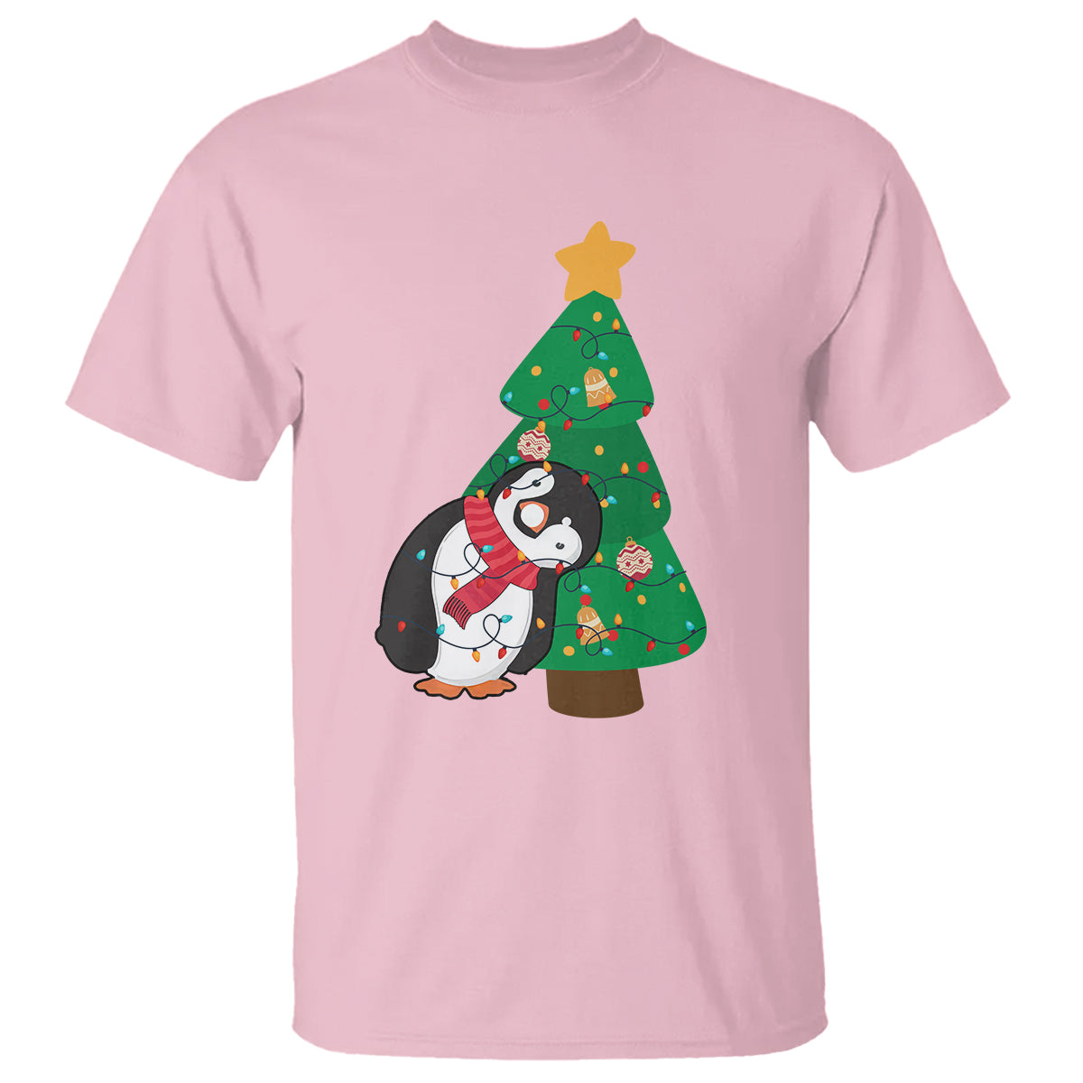 Funny Penguin With Christmas Tree Tangled Xmas Light T Shirt - Wonder Print Shop