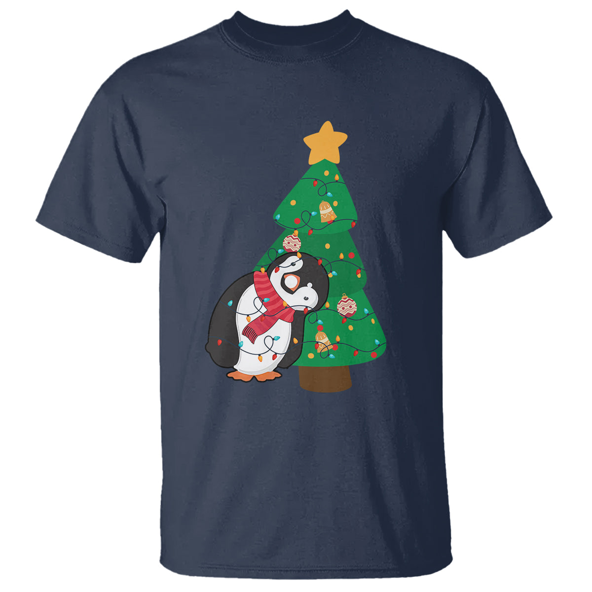 Funny Penguin With Christmas Tree Tangled Xmas Light T Shirt - Wonder Print Shop
