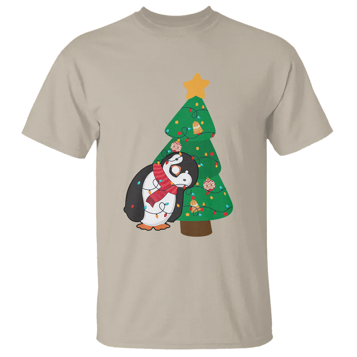 Funny Penguin With Christmas Tree Tangled Xmas Light T Shirt - Wonder Print Shop