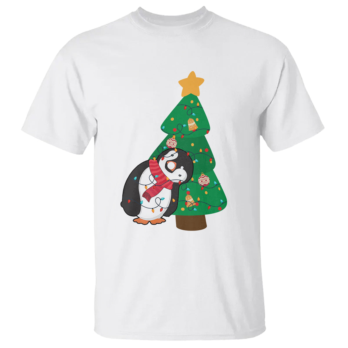 Funny Penguin With Christmas Tree Tangled Xmas Light T Shirt - Wonder Print Shop
