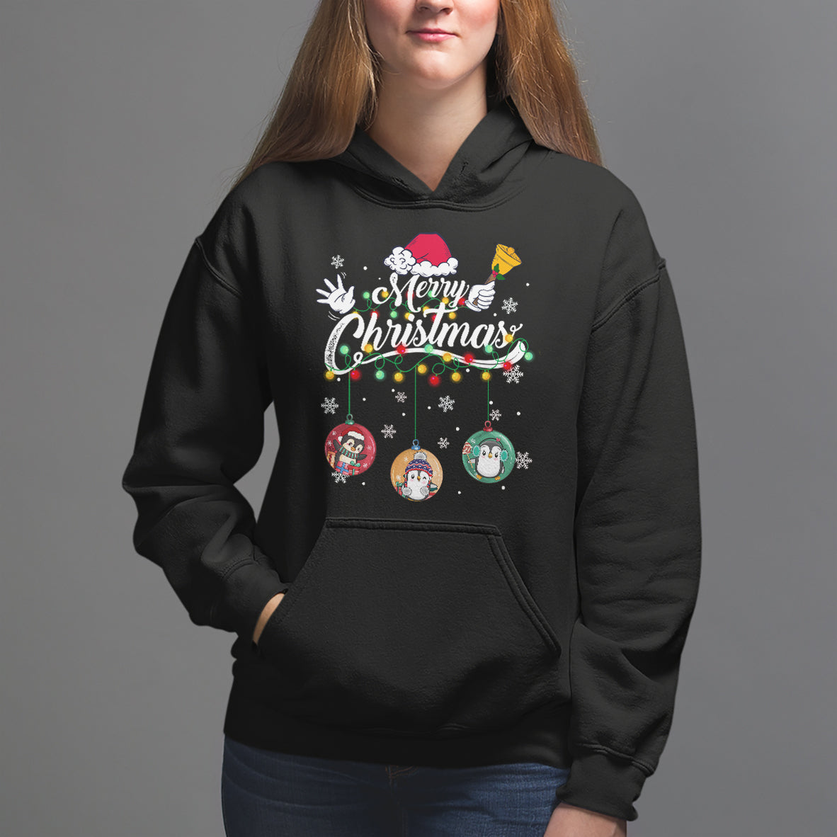 Mini Penguin With Xmas Light Ornaments Balls Merry Christmas Hoodie - Wonder Print Shop