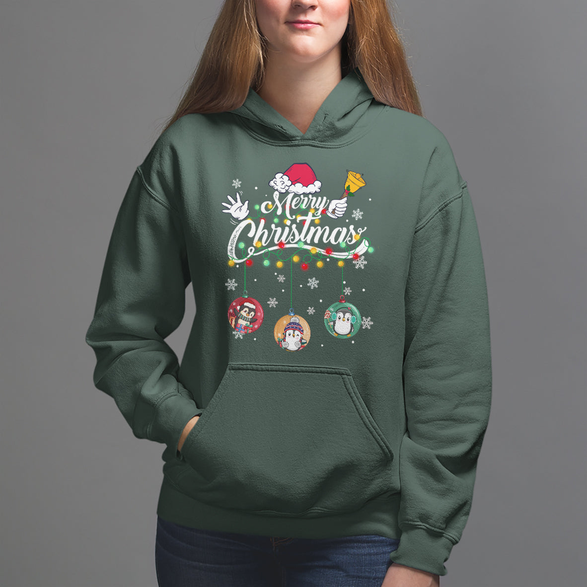 Mini Penguin With Xmas Light Ornaments Balls Merry Christmas Hoodie - Wonder Print Shop