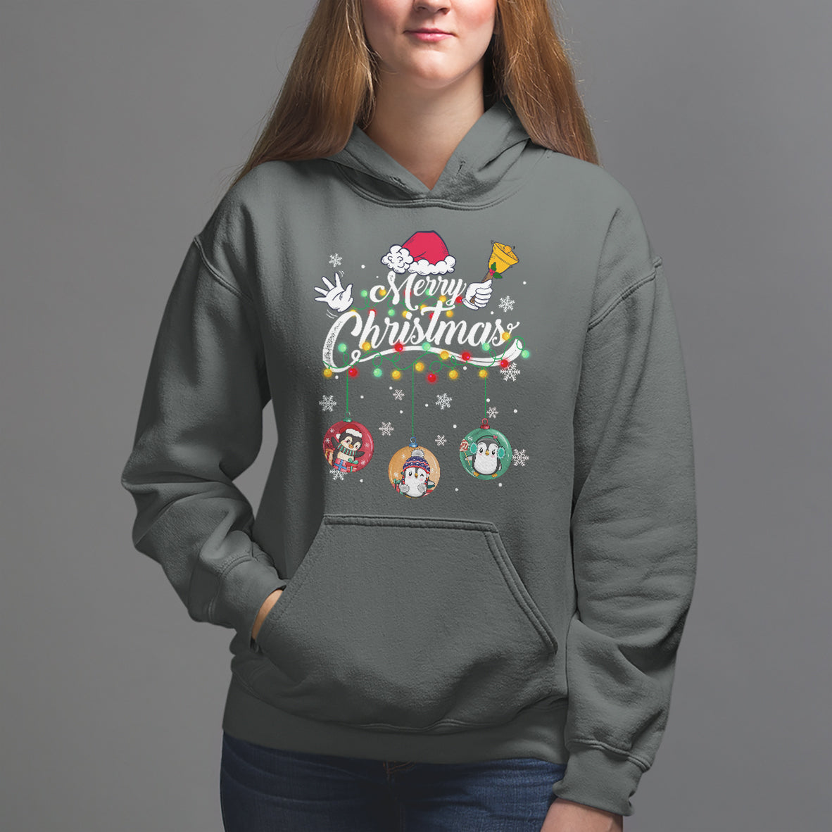 Mini Penguin With Xmas Light Ornaments Balls Merry Christmas Hoodie - Wonder Print Shop