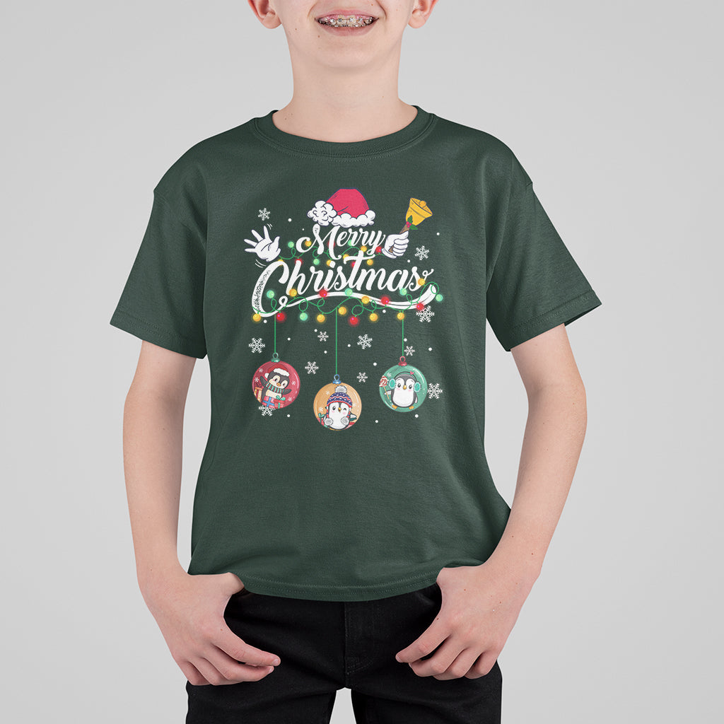 Mini Penguin With Xmas Light Ornaments Balls Merry Christmas T Shirt For Kid - Wonder Print Shop