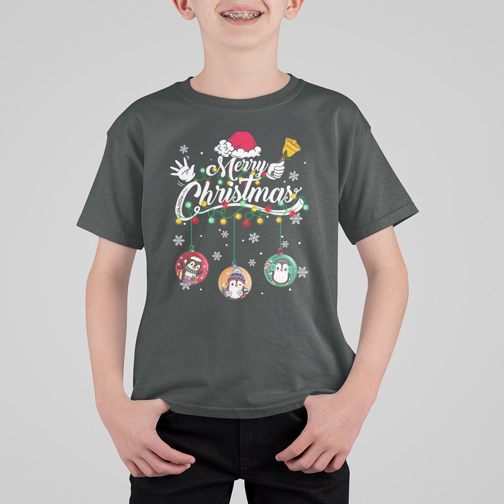 Mini Penguin With Xmas Light Ornaments Balls Merry Christmas T Shirt For Kid - Wonder Print Shop