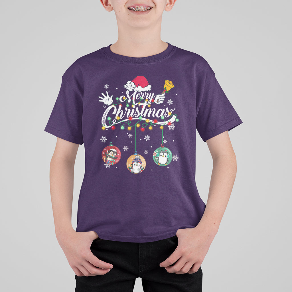 Mini Penguin With Xmas Light Ornaments Balls Merry Christmas T Shirt For Kid - Wonder Print Shop