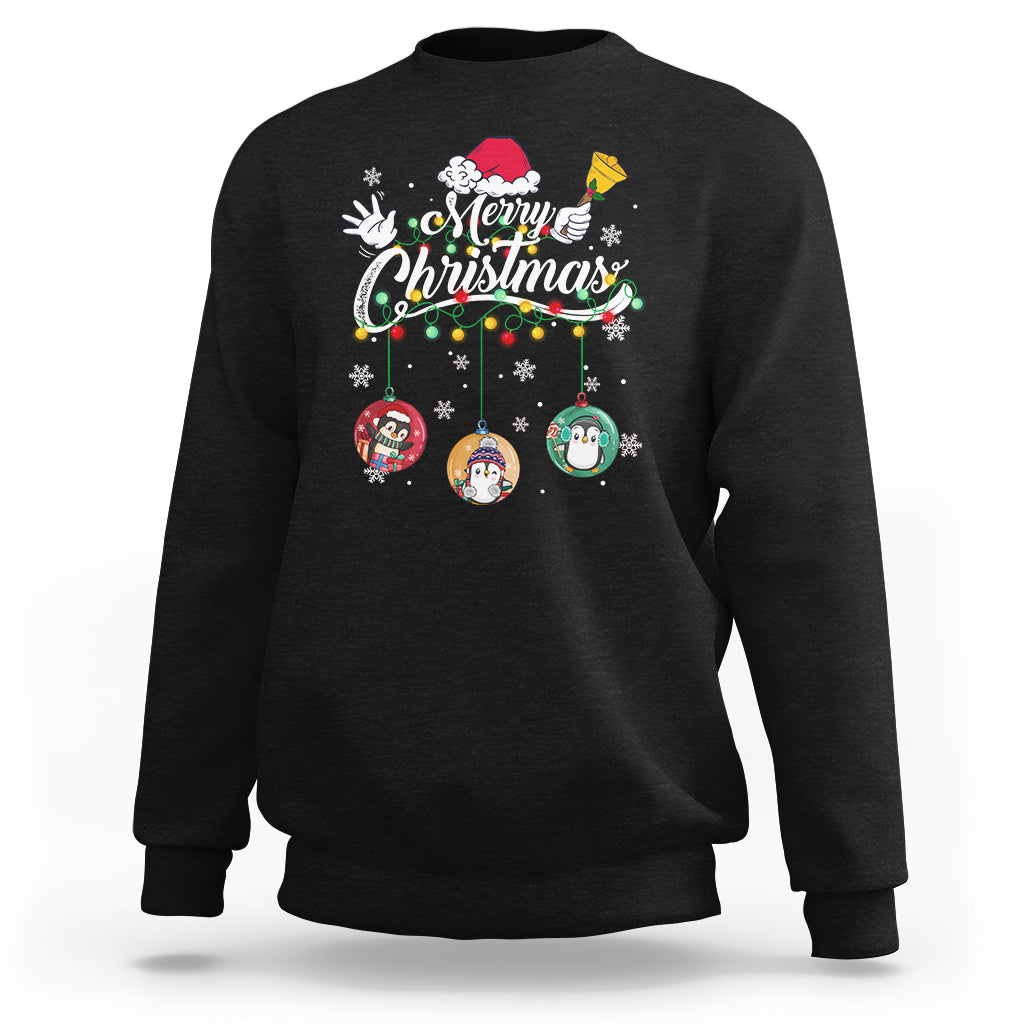 Mini Penguin With Xmas Light Ornaments Balls Merry Christmas Sweatshirt - Wonder Print Shop