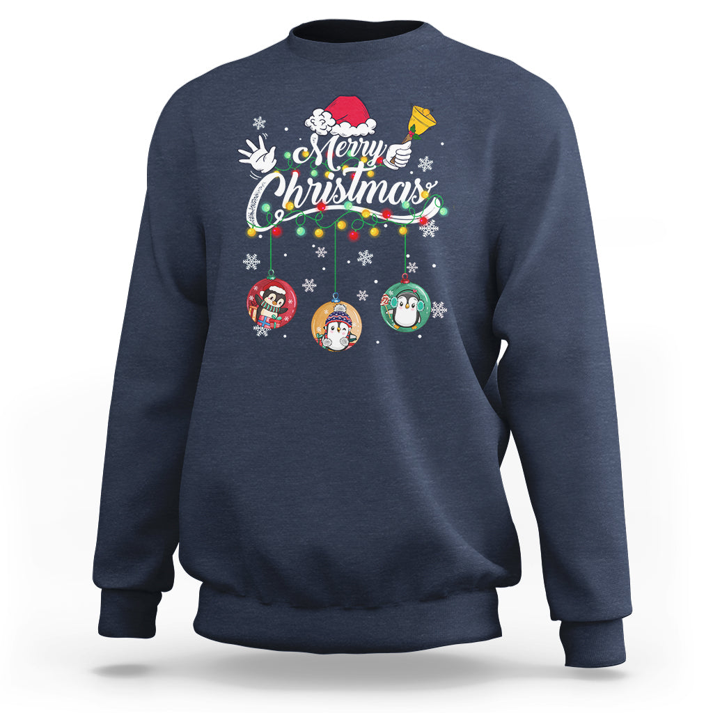 Mini Penguin With Xmas Light Ornaments Balls Merry Christmas Sweatshirt - Wonder Print Shop