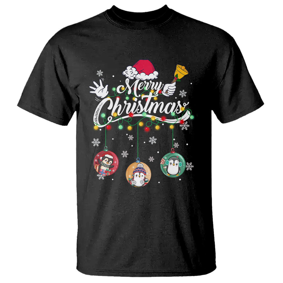 Mini Penguin With Xmas Light Ornaments Balls Merry Christmas T Shirt - Wonder Print Shop