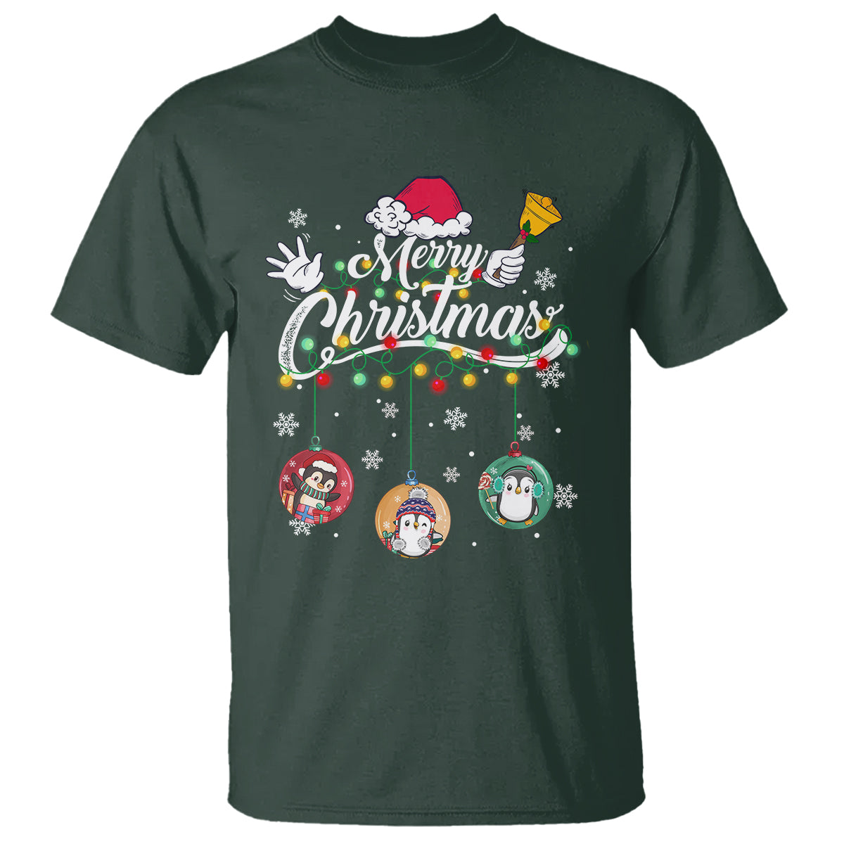 Mini Penguin With Xmas Light Ornaments Balls Merry Christmas T Shirt - Wonder Print Shop