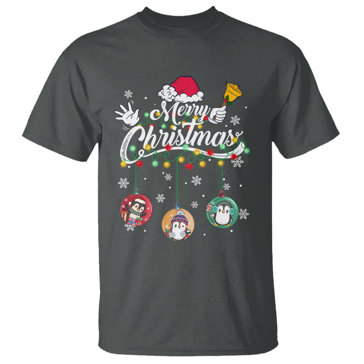 Mini Penguin With Xmas Light Ornaments Balls Merry Christmas T Shirt - Wonder Print Shop