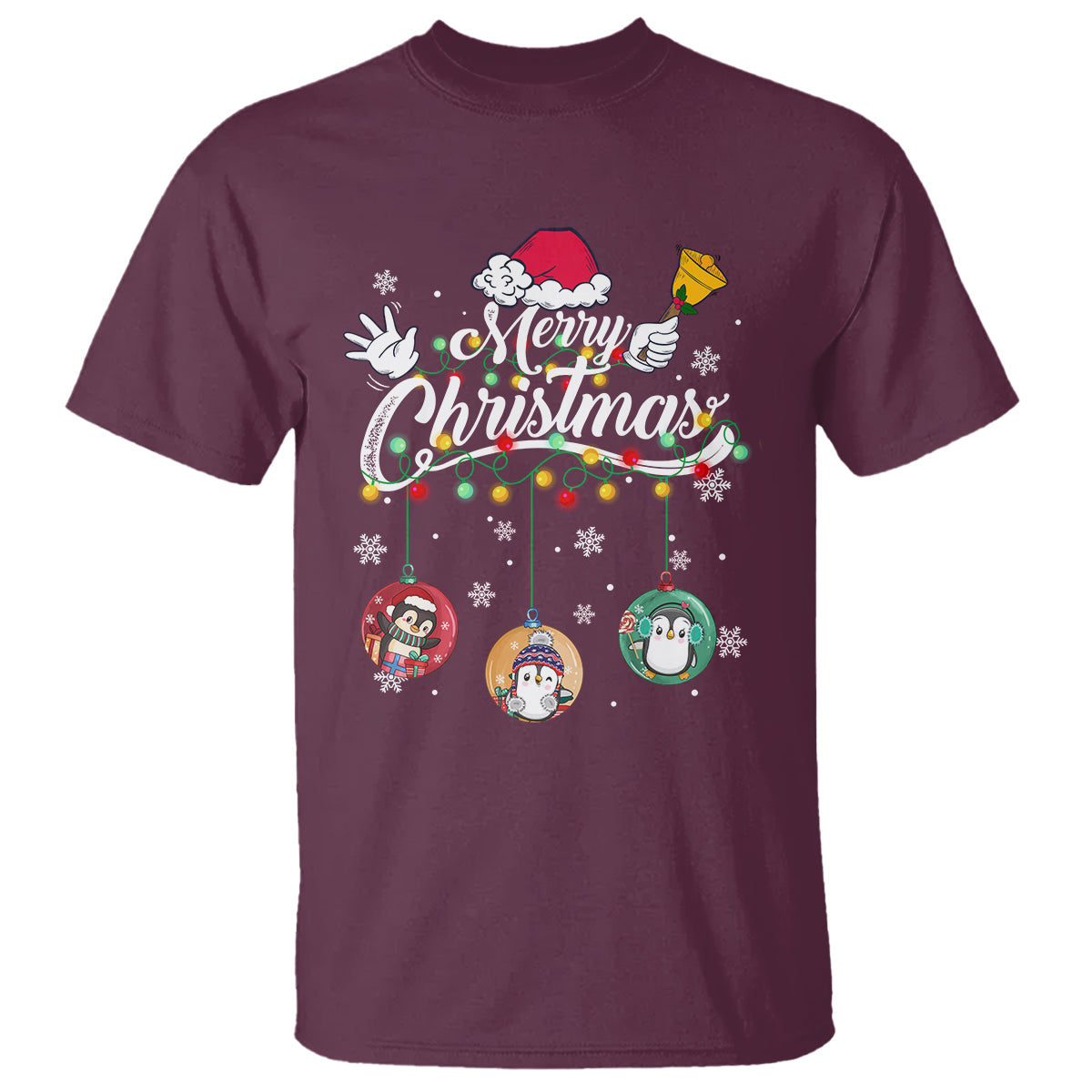 Mini Penguin With Xmas Light Ornaments Balls Merry Christmas T Shirt - Wonder Print Shop