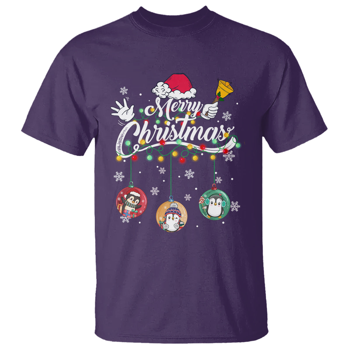 Mini Penguin With Xmas Light Ornaments Balls Merry Christmas T Shirt - Wonder Print Shop
