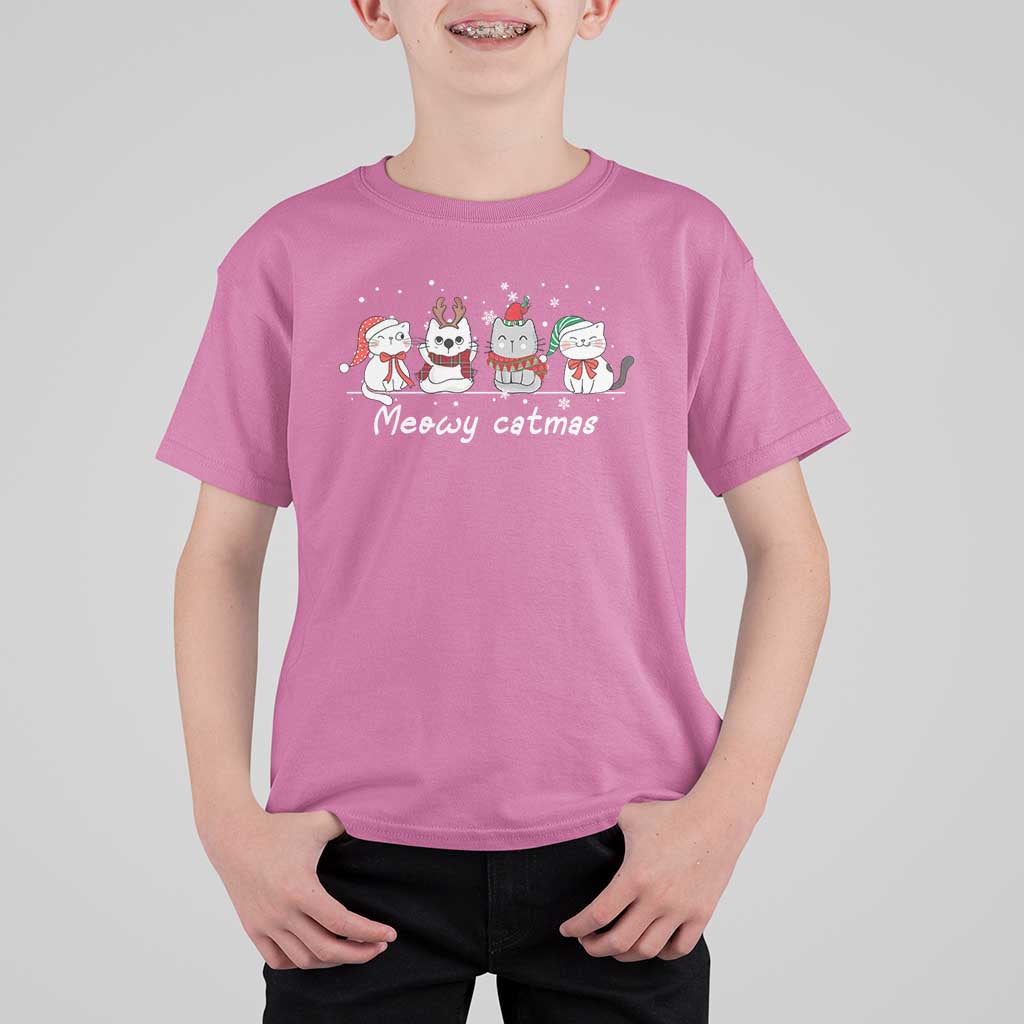 Xmas Cat T Shirt For Kid Meowy Catmas Cute Cat Santa Hat - Wonder Print Shop