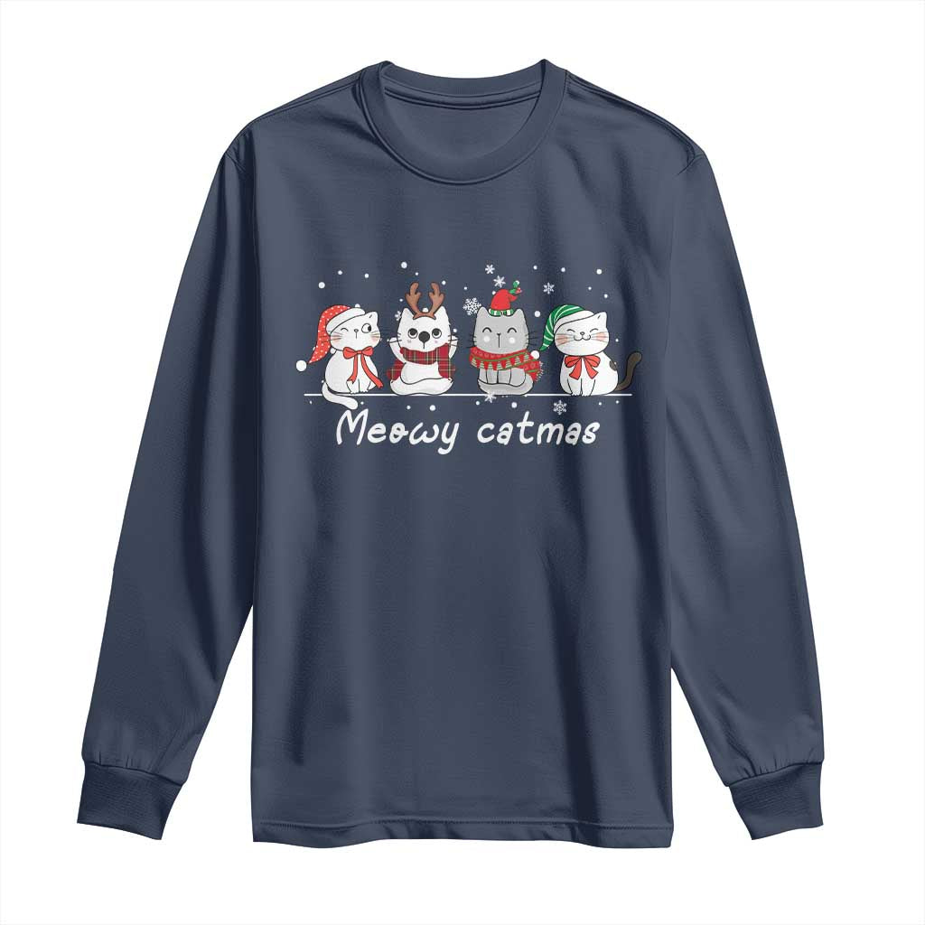 Xmas Cat Long Sleeve Shirt Meowy Catmas Cute Cat Santa Hat