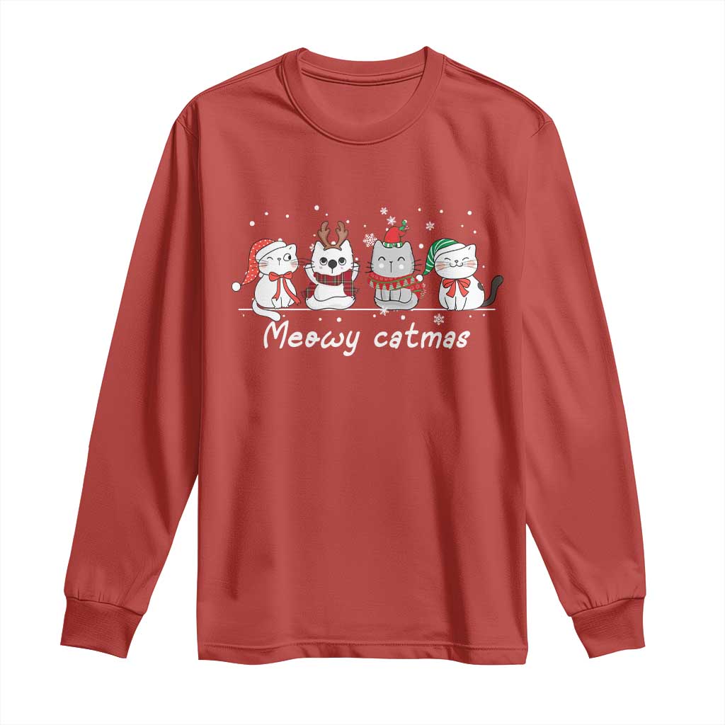 Xmas Cat Long Sleeve Shirt Meowy Catmas Cute Cat Santa Hat