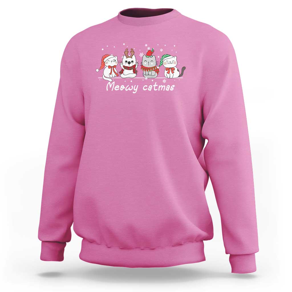 Xmas Cat Sweatshirt Meowy Catmas Cute Cat Santa Hat - Wonder Print Shop