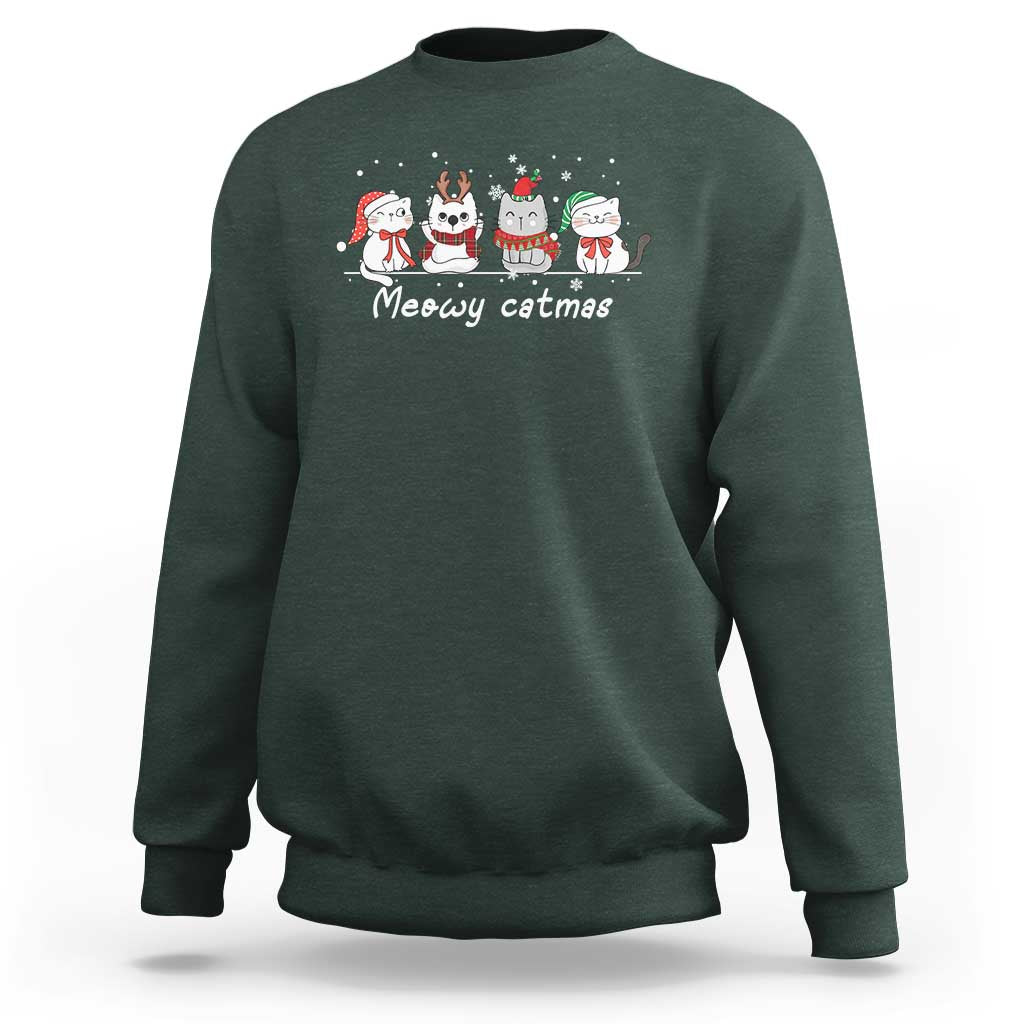 Xmas Cat Sweatshirt Meowy Catmas Cute Cat Santa Hat - Wonder Print Shop