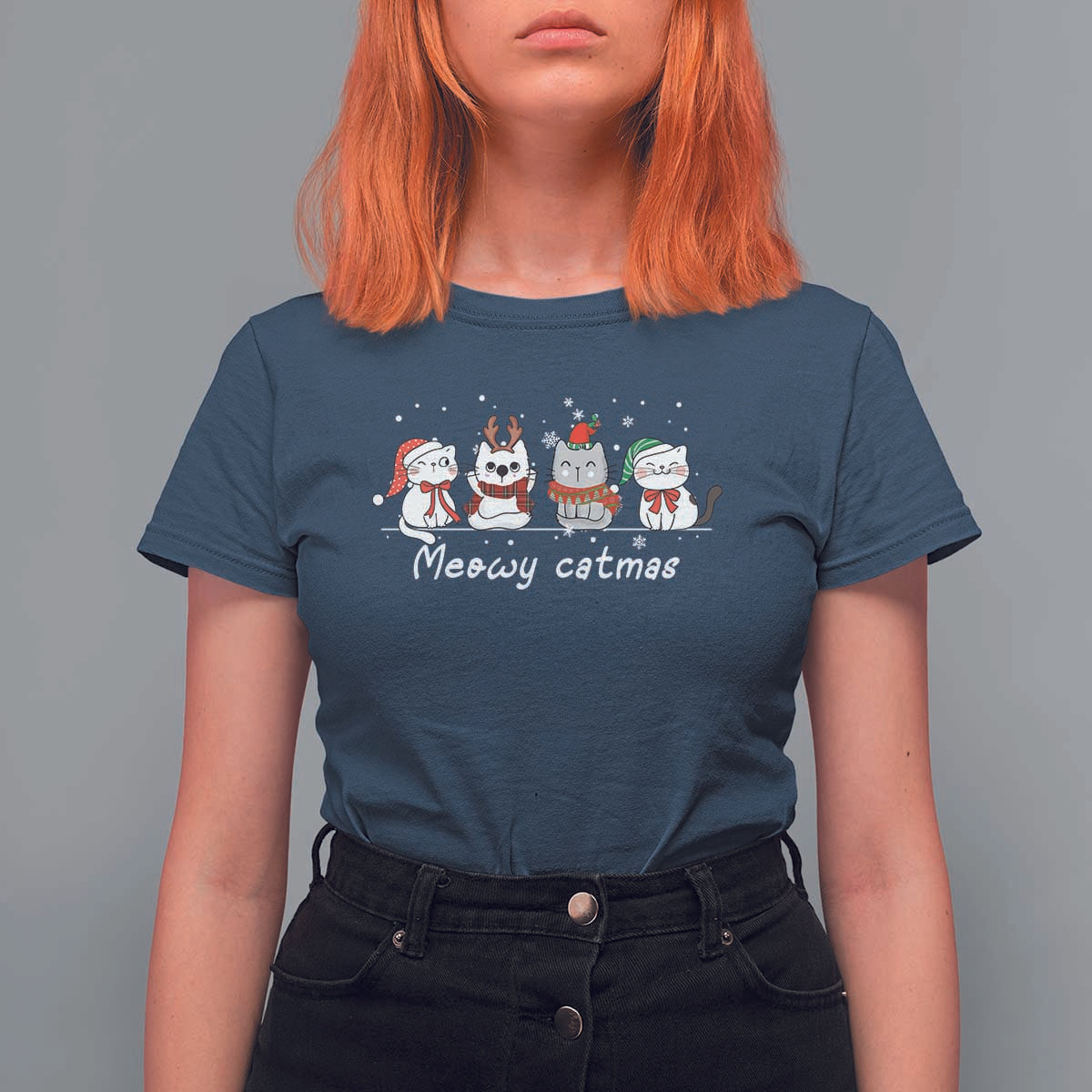 Xmas Cat T Shirt For Women Meowy Catmas Cute Cat Santa Hat - Wonder Print Shop