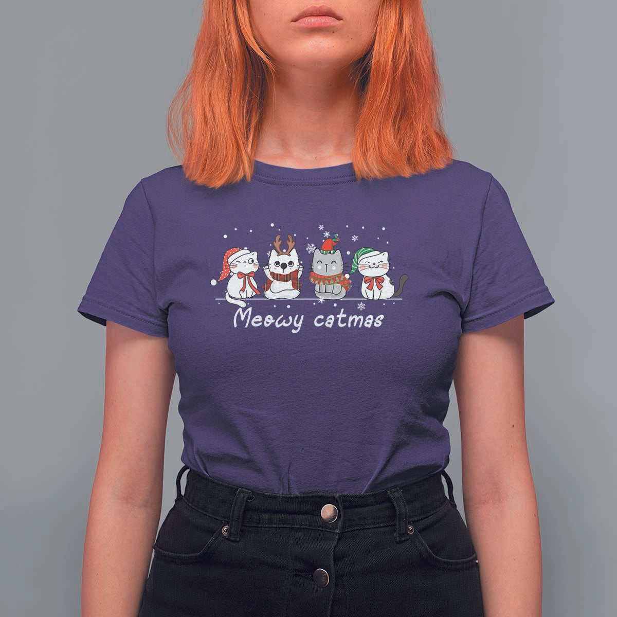 Xmas Cat T Shirt For Women Meowy Catmas Cute Cat Santa Hat - Wonder Print Shop