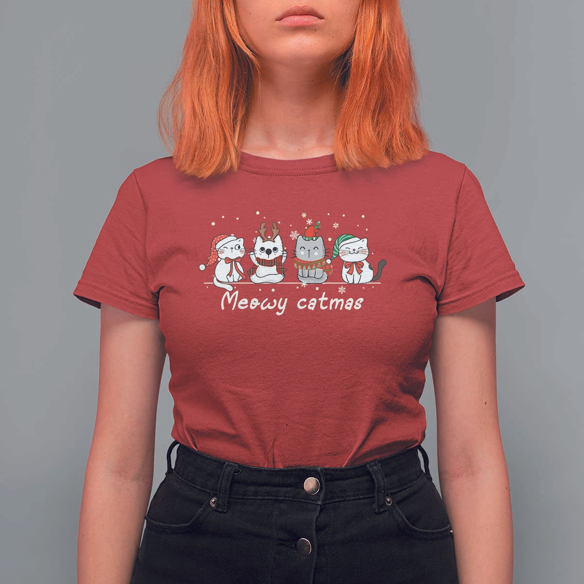 Xmas Cat T Shirt For Women Meowy Catmas Cute Cat Santa Hat - Wonder Print Shop