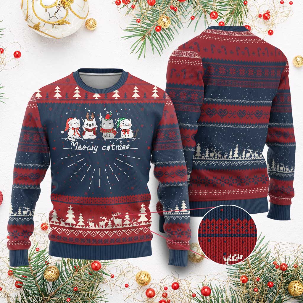 Christmas Meowy Catmas Cute Cat Ugly Christmas Sweater - Wonder Print Shop
