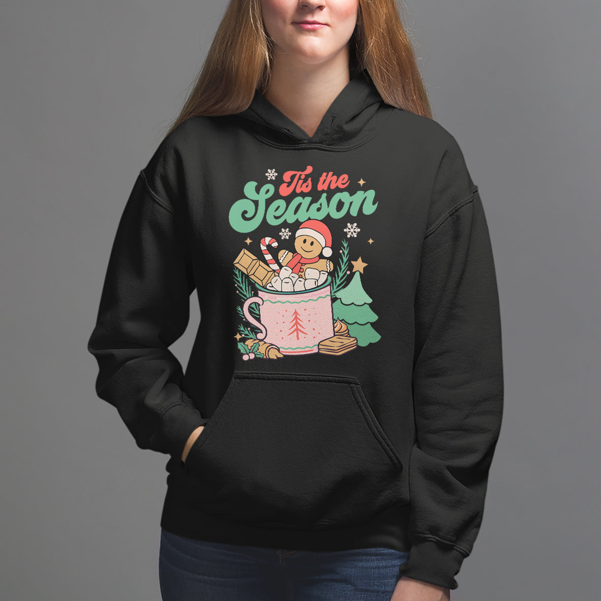 Tis The Season Groovy Retro Christmas Gingerbread Hot Cocoa Hoodie - Wonder Print Shop