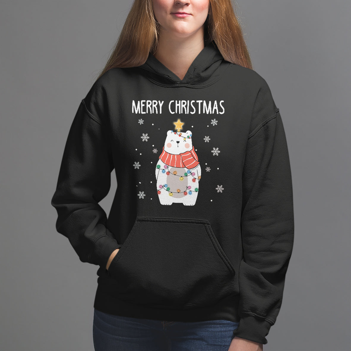 Polar Bear Christmas Tree Costume Red Scarf Merry Christmas Hoodie - Wonder Print Shop