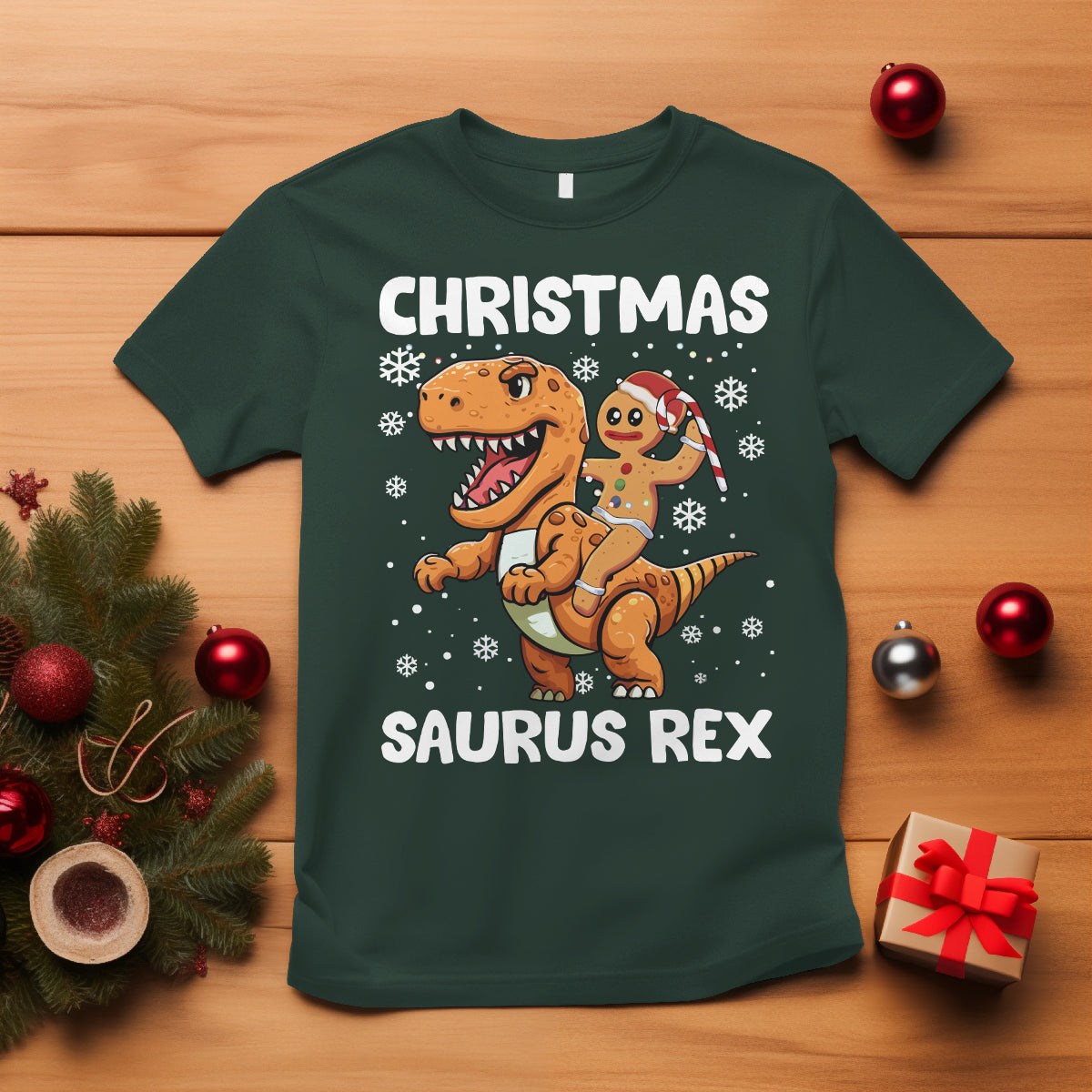 Christmas Saurus Gingerbread Dinosaur Riding Funny Cookie T Shirt - Wonder Print Shop