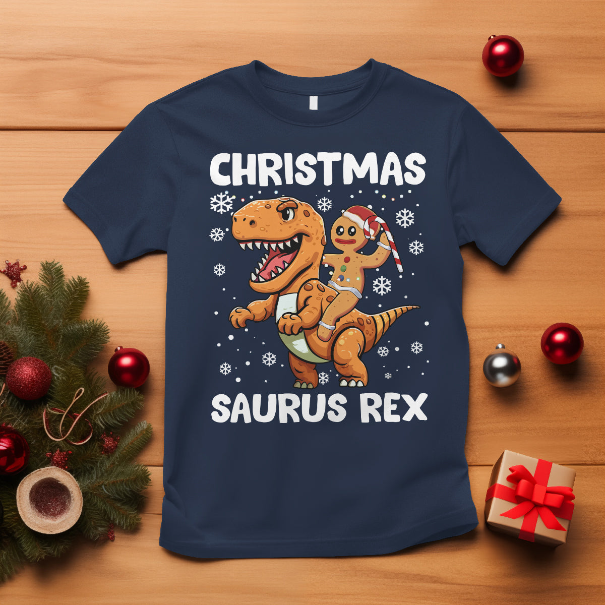 Christmas Saurus Gingerbread Dinosaur Riding Funny Cookie T Shirt - Wonder Print Shop