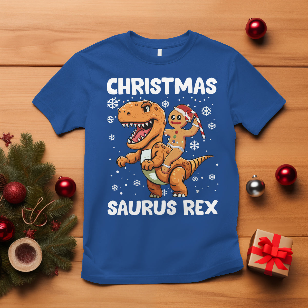Christmas Saurus Gingerbread Dinosaur Riding Funny Cookie T Shirt - Wonder Print Shop