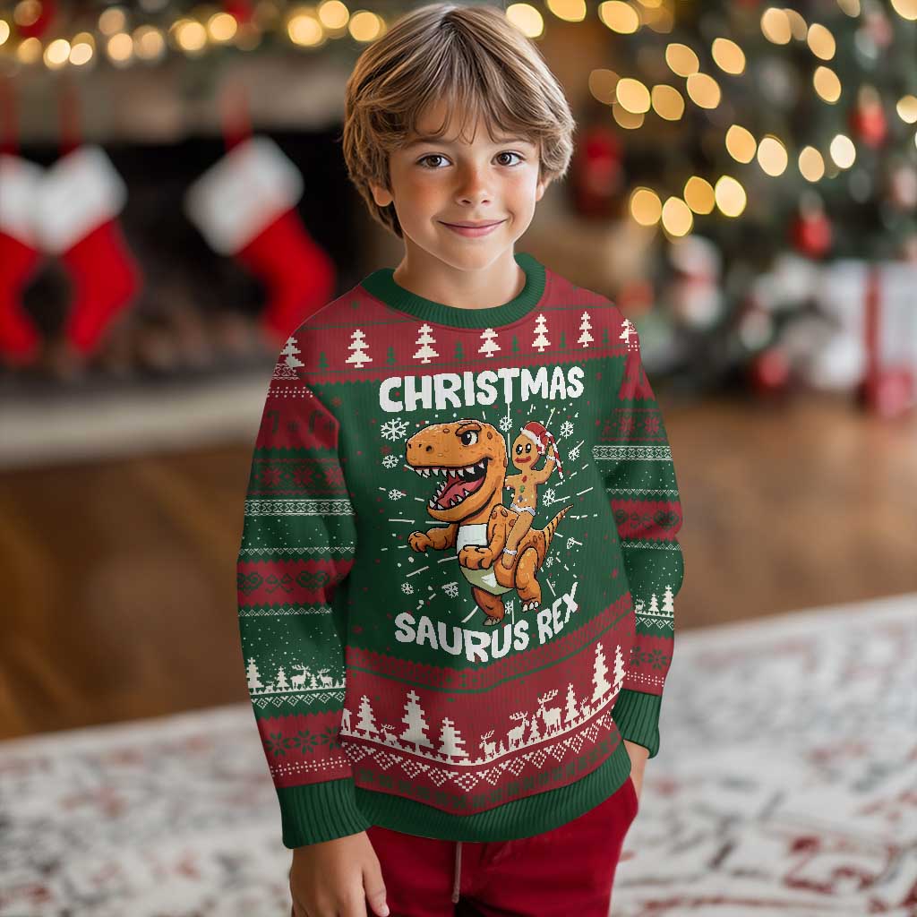 Funny Xmas Ugly Christmas Sweater Gingerbread Riding Dinosaur Christmas Saurus Rex - Wonder Print Shop
