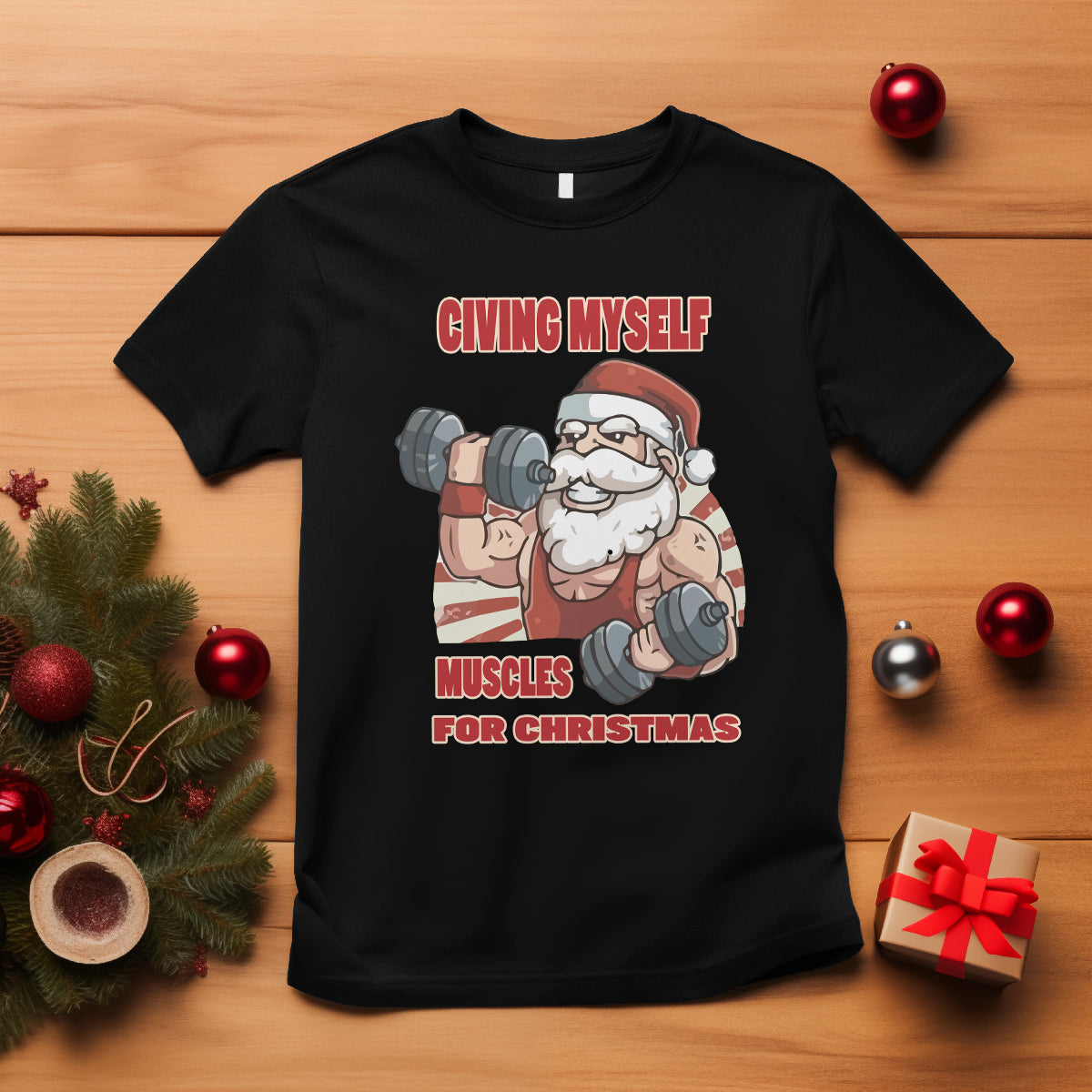 Christmas T Shirt Civing Muscles Santa Weightlifting Gymer - Wonder Print Shop