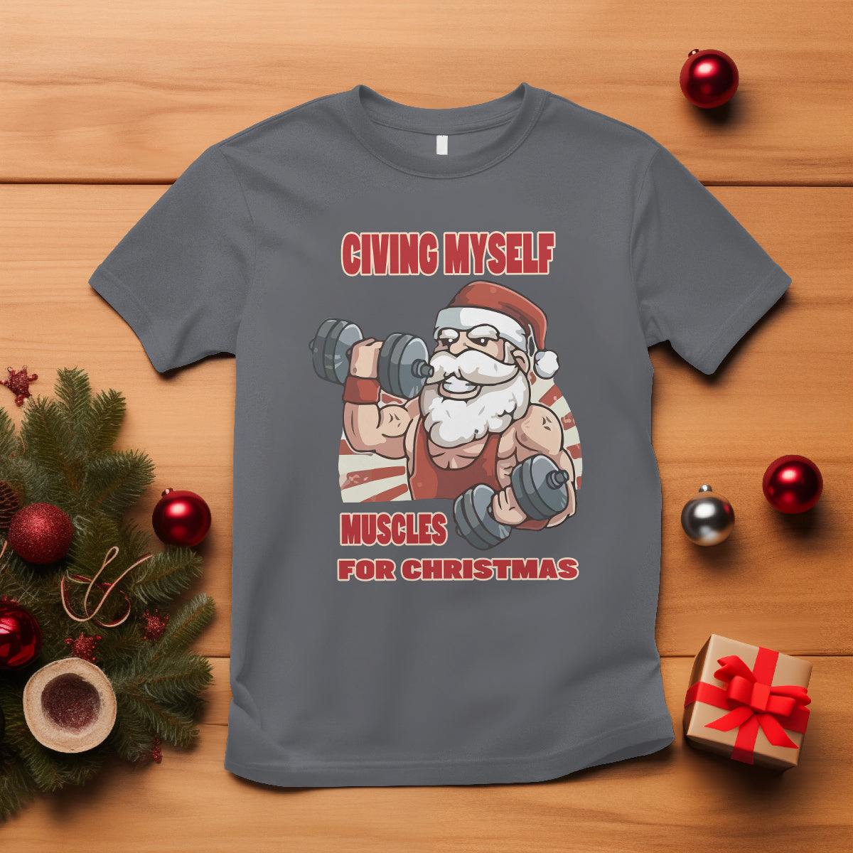 Christmas T Shirt Civing Muscles Santa Weightlifting Gymer - Wonder Print Shop