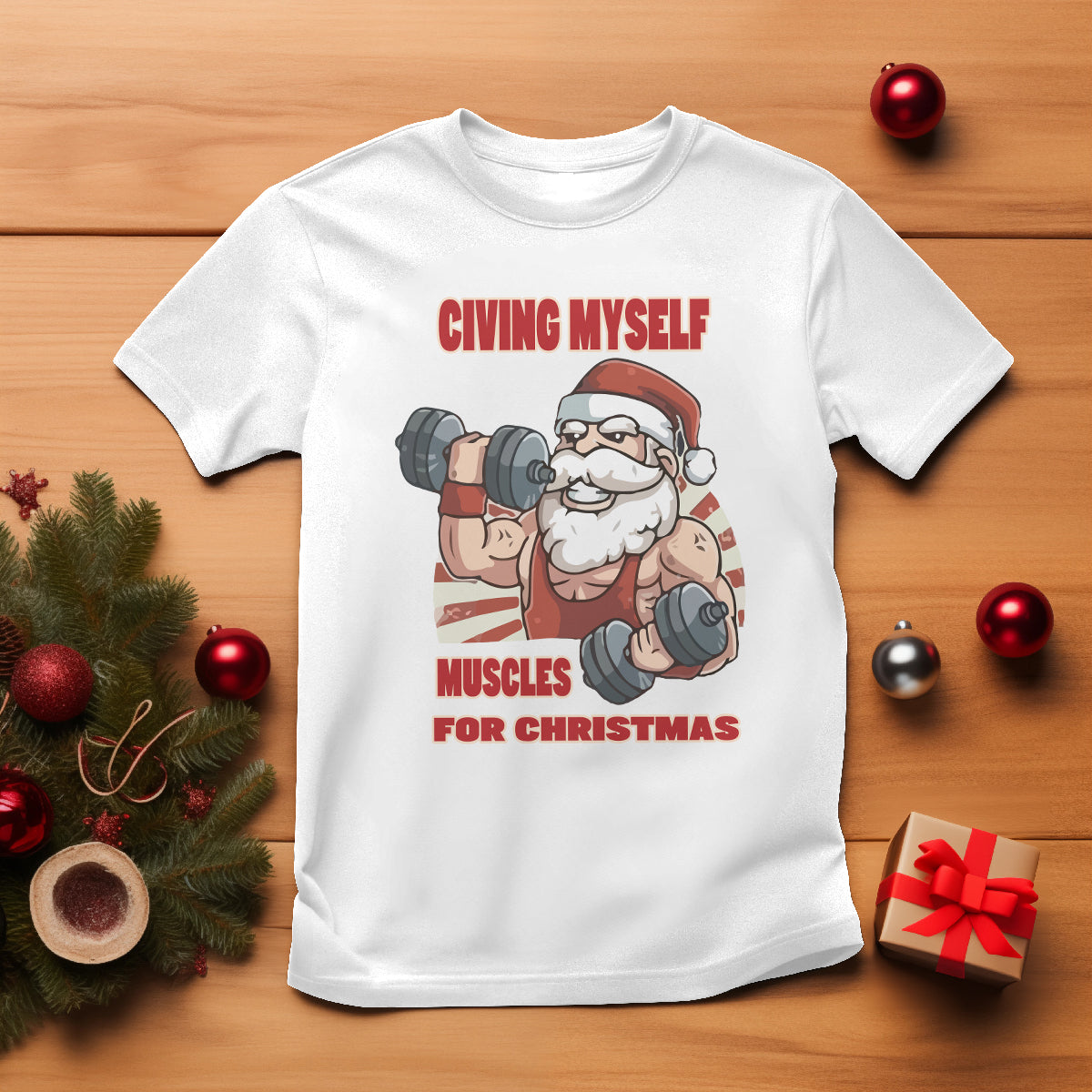 Christmas T Shirt Civing Muscles Santa Weightlifting Gymer - Wonder Print Shop