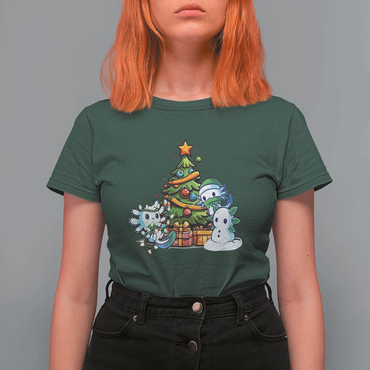 Cute Axolotl Christmas Tree T Shirt For Women - Wonder Print Shop
