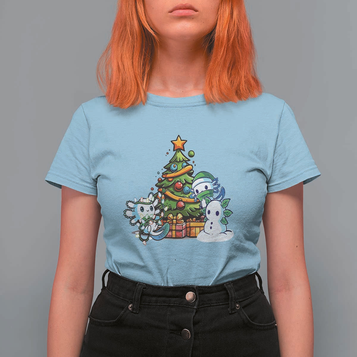 Cute Axolotl Christmas Tree T Shirt For Women - Wonder Print Shop