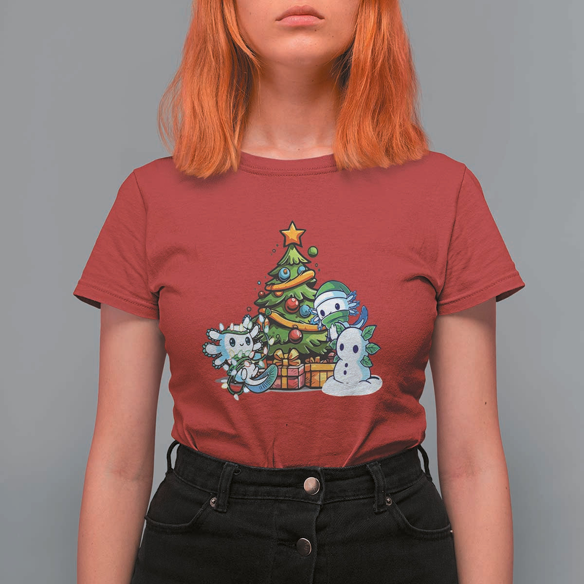 Cute Axolotl Christmas Tree T Shirt For Women - Wonder Print Shop
