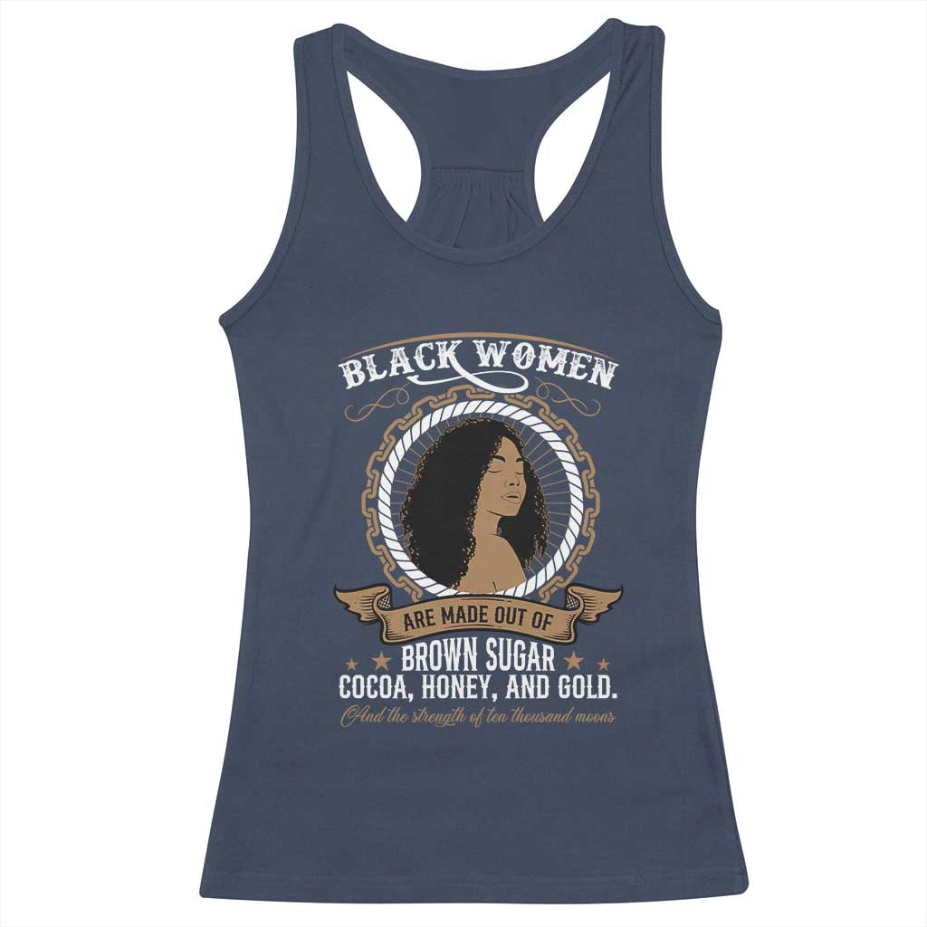Black Women Pride Racerback Tank Top Made Out Of Brown Sugar Cocoa Honey And Gold Retro
