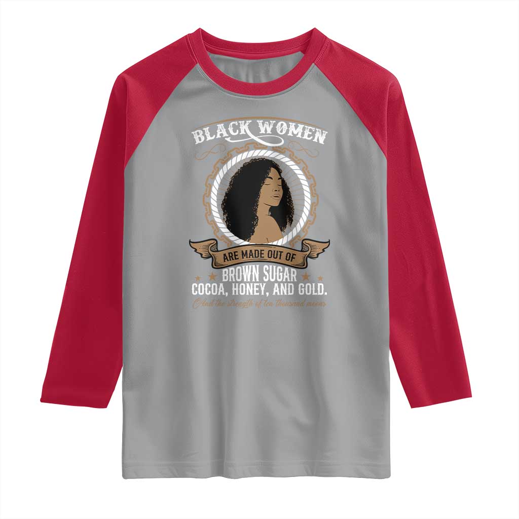 Black Women Pride Raglan Shirt Made Out Of Brown Sugar Cocoa Honey And Gold Retro