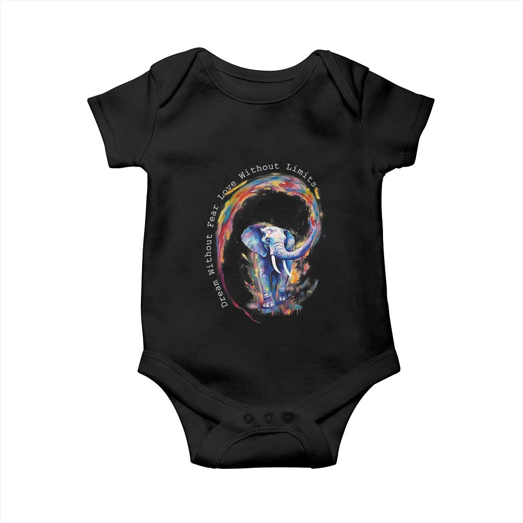 LGBTQ Ally Baby Onesie Dream Without Fear Love Without Limits Rainbow Watercolor Elephant