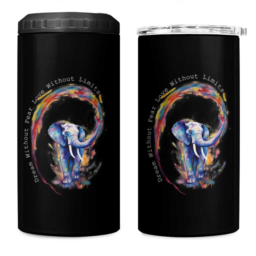 LGBTQ Ally 4 in 1 Can Cooler Tumbler Dream Without Fear Love Without Limits Rainbow Watercolor Elephant