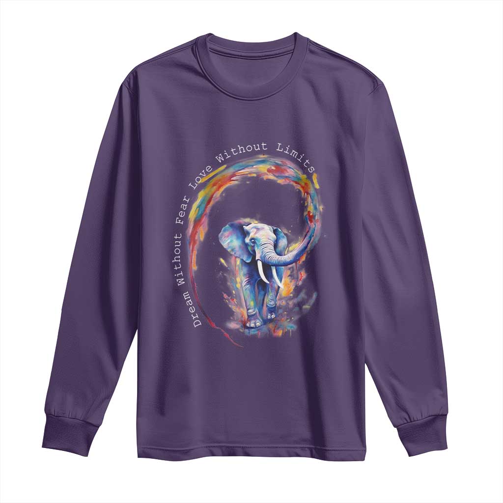 LGBTQ Ally Long Sleeve Shirt Dream Without Fear Love Without Limits Rainbow Watercolor Elephant