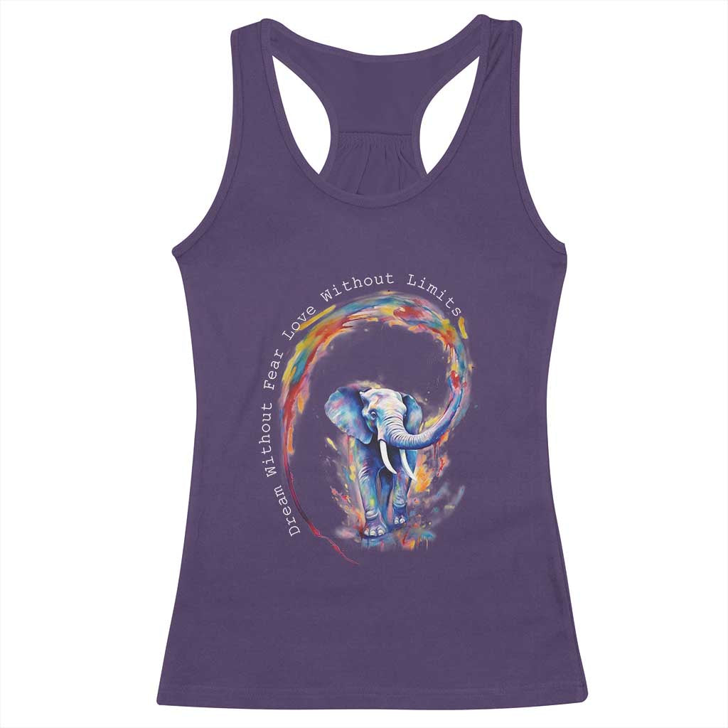 LGBTQ Ally Racerback Tank Top Dream Without Fear Love Without Limits Rainbow Watercolor Elephant