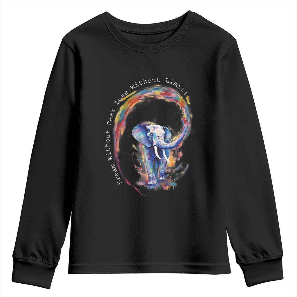 LGBTQ Ally Youth Sweatshirt Dream Without Fear Love Without Limits Rainbow Watercolor Elephant