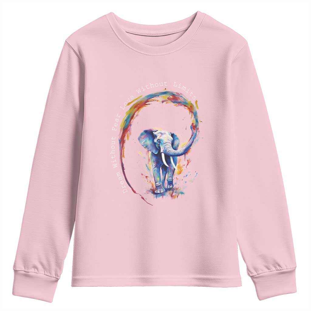 LGBTQ Ally Youth Sweatshirt Dream Without Fear Love Without Limits Rainbow Watercolor Elephant