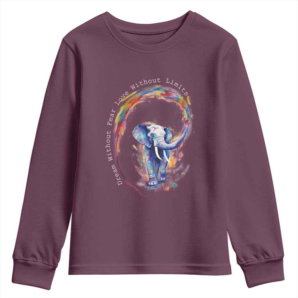 LGBTQ Ally Youth Sweatshirt Dream Without Fear Love Without Limits Rainbow Watercolor Elephant