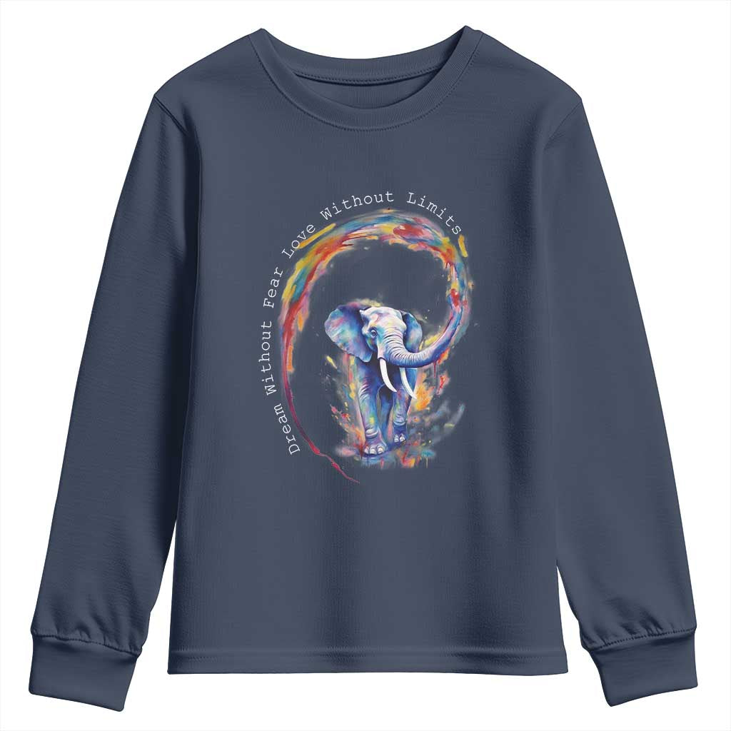 LGBTQ Ally Youth Sweatshirt Dream Without Fear Love Without Limits Rainbow Watercolor Elephant